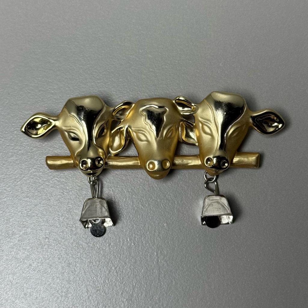 Vintage Ajc "Cows With Bells" Brooch